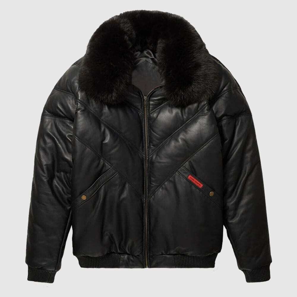 Pre-owned Handmade Men's V-bomber Sheep Leather Faux Down Goose Bomber Jacket With Fox Fur Collar In Black