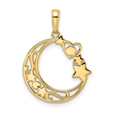 Pre-owned Superdealsforeverything Real 14kt & White Rhodium Diamond Cut Heart; Star & Moon Pendant