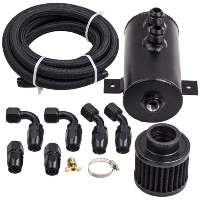 AN10 750ml Baffled Engine Oil Catch Breather Can w/ Filter & 3M Hose Kit Black