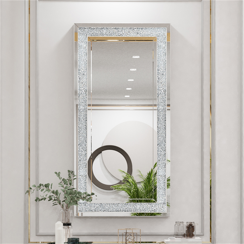 Large Crystal Crush Diamond Rectangle Silver Mirror Wall Hang Frameless Mirror