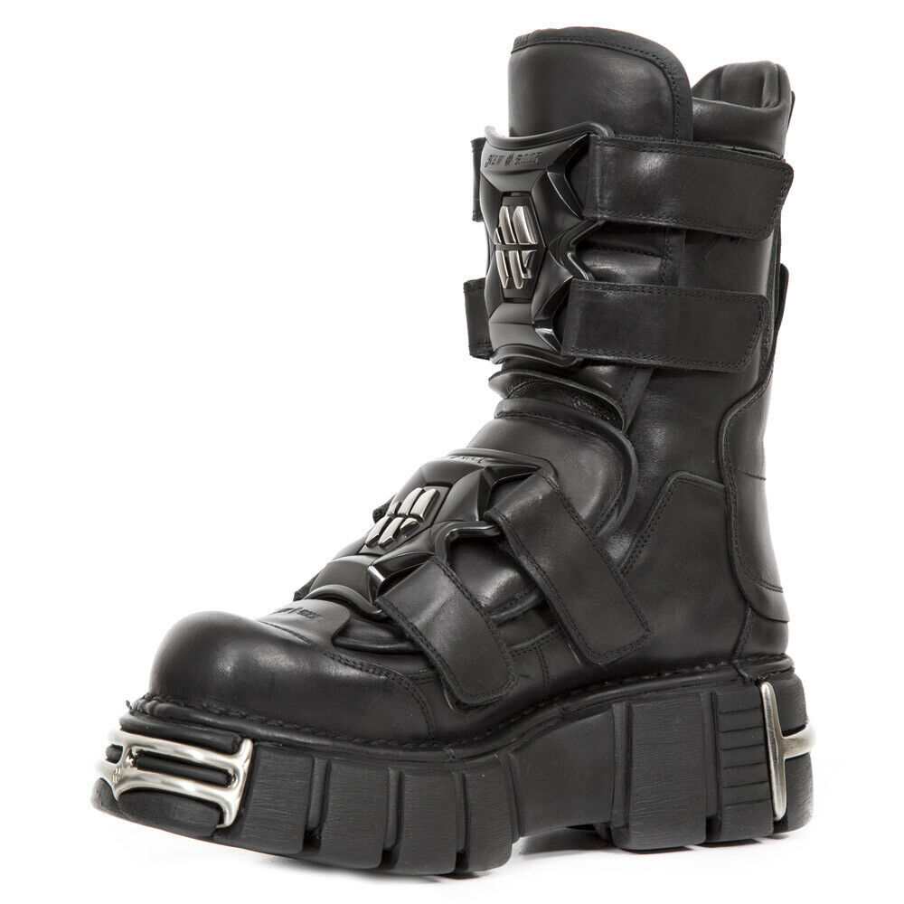 Pre-owned New Rock Rock Boots M-422-s1 Unisex Metallic Black Leather Platform Gothic Boots