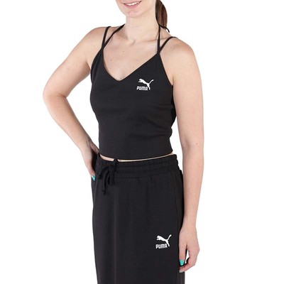 Puma Classics Укороченный топ в рубчик с логотипом и круглым вырезом Cami Женский черный повседневный спортивный 624