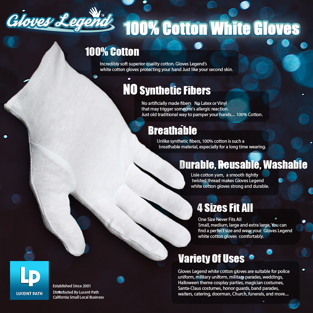 Gloves Legend 100% Cotton White Gloves for Jewelry Coin Silver Inspection XS~XL