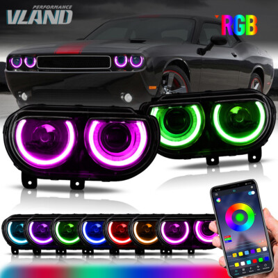 Projector Head Lamps For Dodge Challenger 2008-2014 RGB LED Halo Headlights Kit