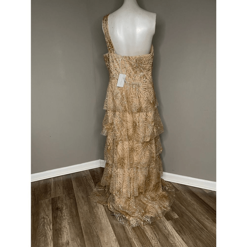 Pre-owned Marchesa Notte Tiered Beaded One-shoulder Gown In Gold