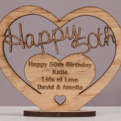 Personalised Wooden Freestanding Heart for 16th 30th 40th Birthday Gift Message.