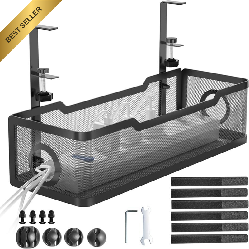 Under-Desk Cable Management Basket,No Drilling Cable Tray, Adjustable Hanging Ba