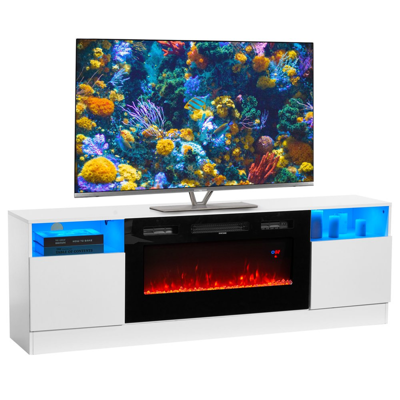 70" TV Stand with 36" Electric Fireplace, LED Light, for Tvs up to 80", Black