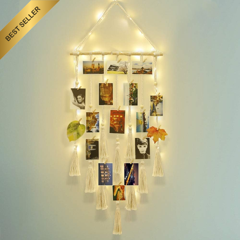 Hanging Photo Display Wall Decor, Macrame Wall Hanging Picture Organizer Boho Ho