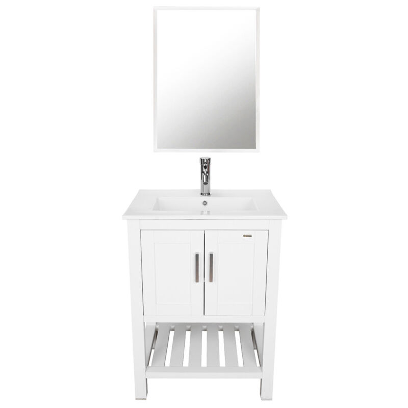 24" White Bathroom Vanity Set Drop In Rectangle Ceramic Sink Mirror W/ Faucet