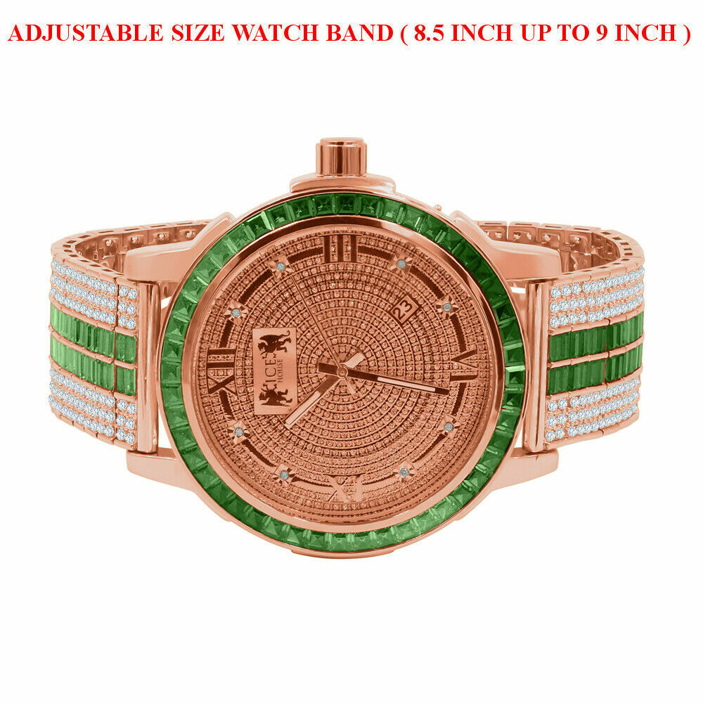 Pre-owned Ice House Rose Gold Real Diamond Dial Stainless Steel Custom Bezel Green Adjustable Watch