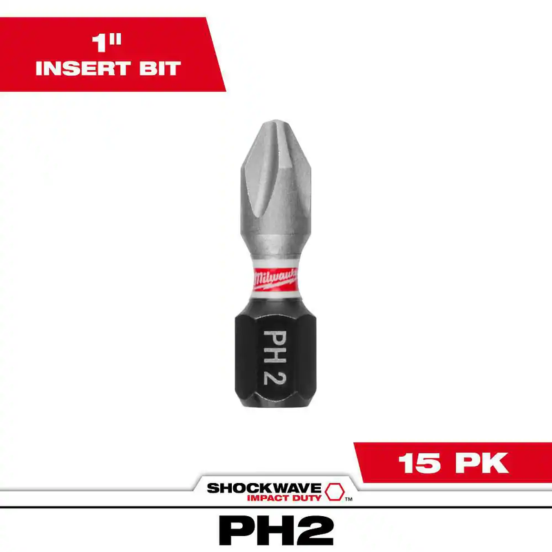 Milwaukee Impact Driver Bits PH2 Shockwave Impact Duty 1 Inch 15 Pack Mag Holder