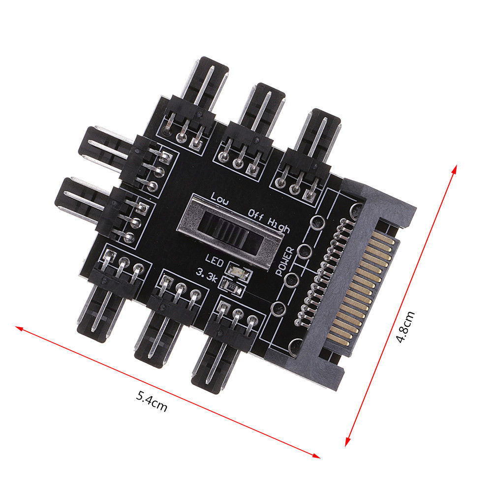 Fan 1 to 8 Channel Hub 12V 3Pin Power Supply Splitter Adapter PC Fan with LED