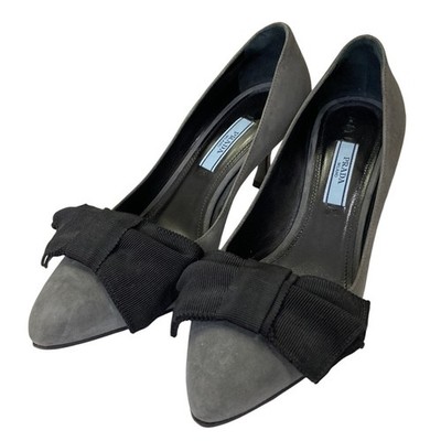 Prada Pumps Pointed Toe Ribbon Suede Gray Women's Size EU36.5/US6.5