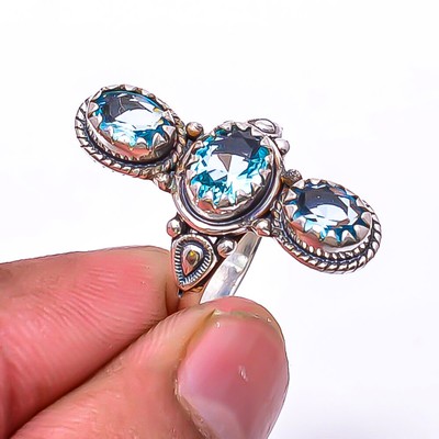Aquamarine South West Three Stone 925 Sterling Silver Ring S.6 R_9453_288_14