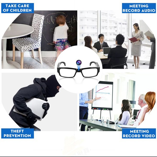 Collage of surveillance, child care, meetings, and theft prevention.