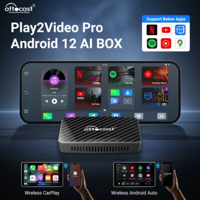 Ottocast Play2Video Pro Wireless Carplay & Android Auto Adapter TV Box Plug&Play