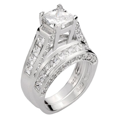 4.8CT Sterling Silver 925 Princess Cut CZ Cubic Zirconia Women's Sets Ring