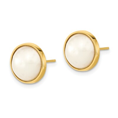 Pre-owned Skyjewelers Real 14k Yellow Gold 9-10mm White Freshwater Cultured Mabe Pearl Post Earrings