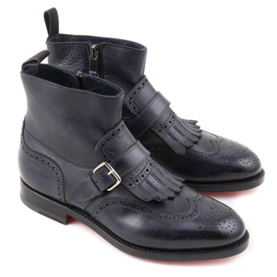 Pre-owned Santoni $1295  Goodyear Welt Navy Ankle Boots With Buckle Detail Us 6 Shoes In Blue