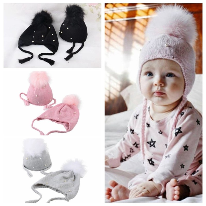 Baby Boy Girls Hair Ball Earbud Hat Children Crochet Winter Warm Knit Hats Cap