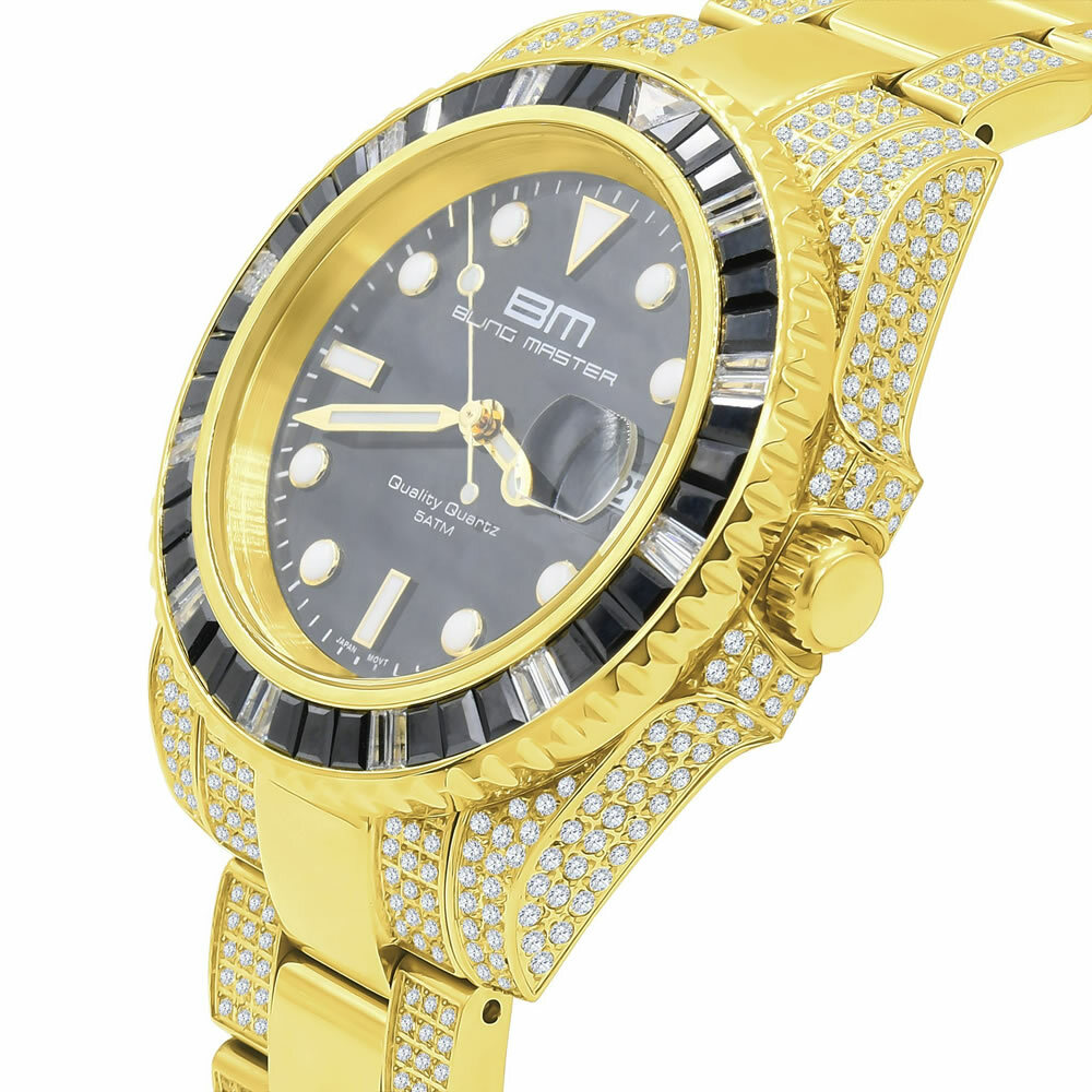 Pre-owned Bling Master Full Steel 18k Yellow Gold Simulated Diamond 40mm Presidential Mens Watch W/date