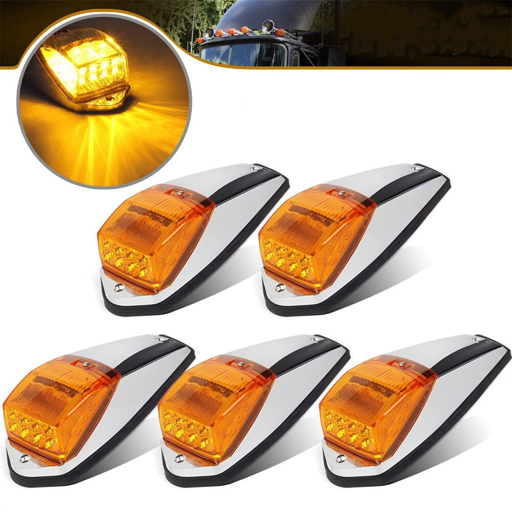 5 Cab Marker Lights Roof 17LED Amber Chrome For Peterbilt Kenworth Freightliner