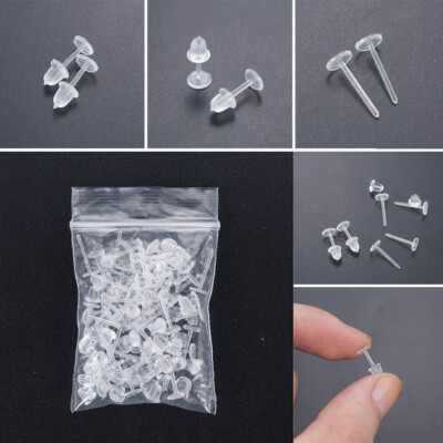 50pcs Clear Plastic Stem Rubber Anti-Allergy Ear Stud Replacement Earring DIY-US