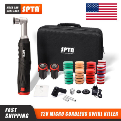SPTA 12V Micro Cordless Mini Car Polisher RO/DA Buffer with Polishing Pads Set