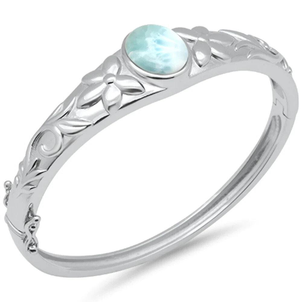 Pre-owned Sterling Oval Natural Larimar Flower Engraved .925  Silver Bangle Bracelet In White