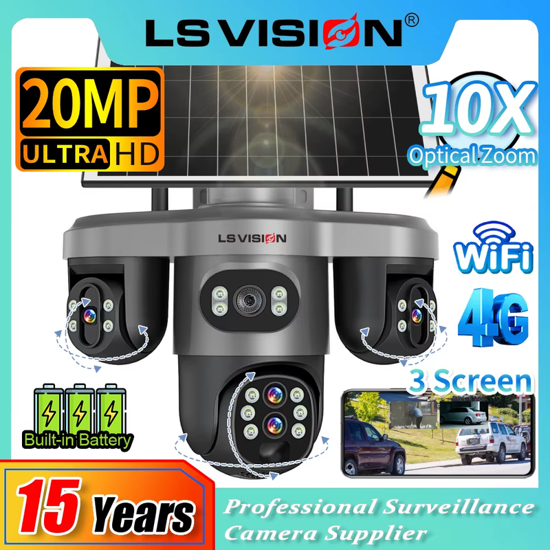 20MP 4 Lens Three Screen 4G Solar Camera Outdoor WiFi 10X Optical Zoom Auto Trac