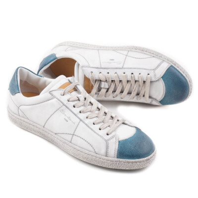 Pre-owned Santoni $710  White And Blue Vintage-look Leather Sneakers Us 6.5 Shoes