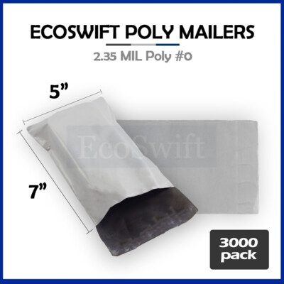 3000 5 x 6 ECOSWIFT WHITE POLY MAILERS SHIPPING ENVELOPES SELF SEAL BAGS 2.35MIL