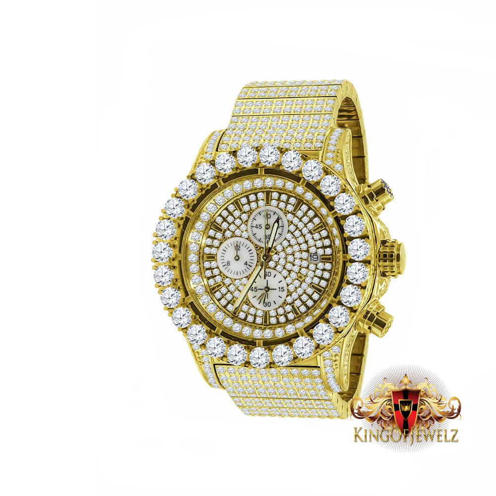 Pre-owned Blingmaster Solid Stainless Steel Yellow Gold Tone Simulated Diamond 10 Row Band Watch 48mm