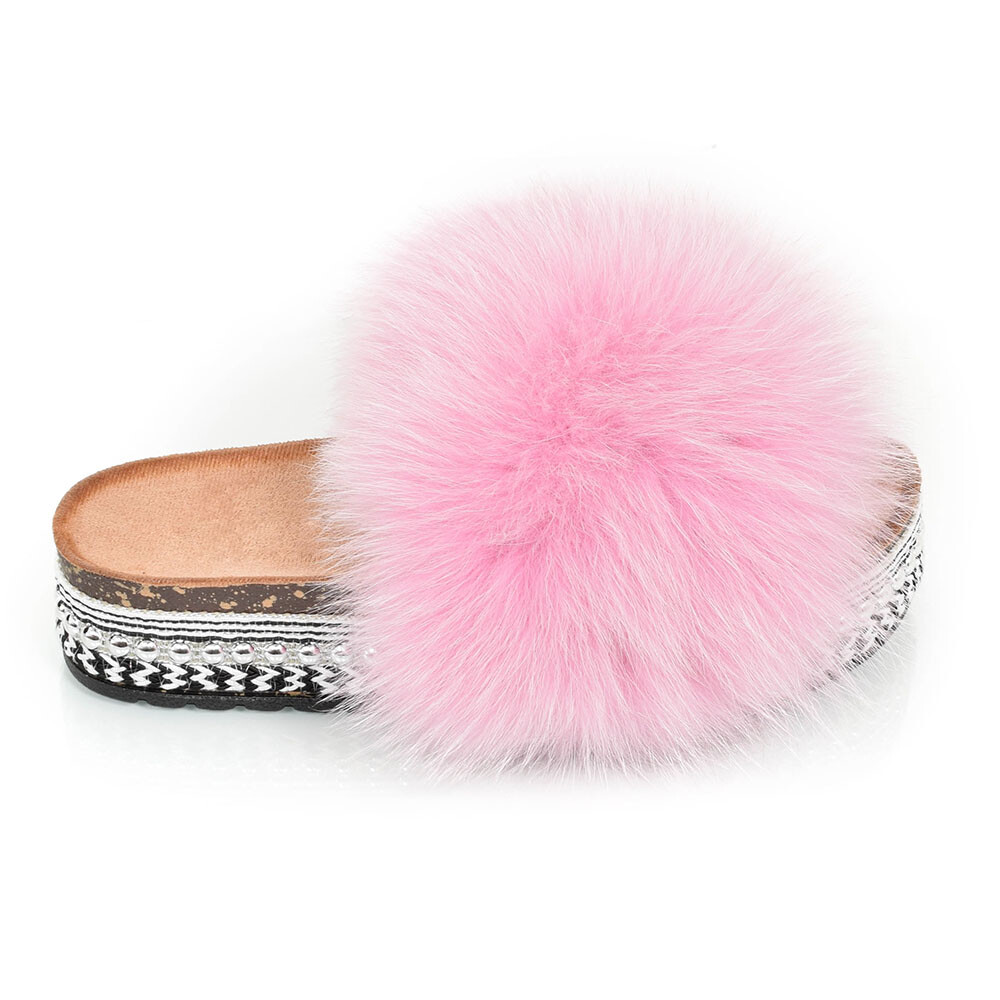 Pre-owned Fox Platform Slides With Pink  Fur & Rivets Slippers High Sole Sandals With Fur