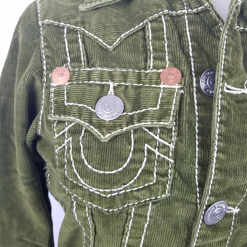 True Religion Jacket Girls Jimmy Corduroy Size Large Coat Contrast Stitch Green