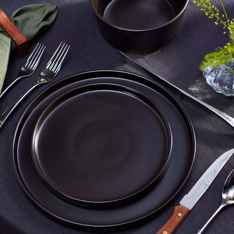 Round Dinnerware Set 12-Piece Plates Bowls Dishes Stoneware Dinner Kitchen Black