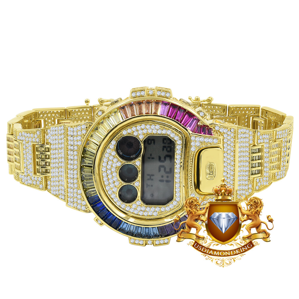 Pre-owned Usdiamondking Baguette Rainbow Multi Gold Finish Casio Shock Authentic Dw-6900 Custom Watch