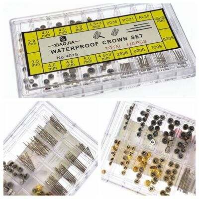 170Pcs Different Sizes Mixed Watch Stem Crown Repair Parts Assortment Set W/ Box