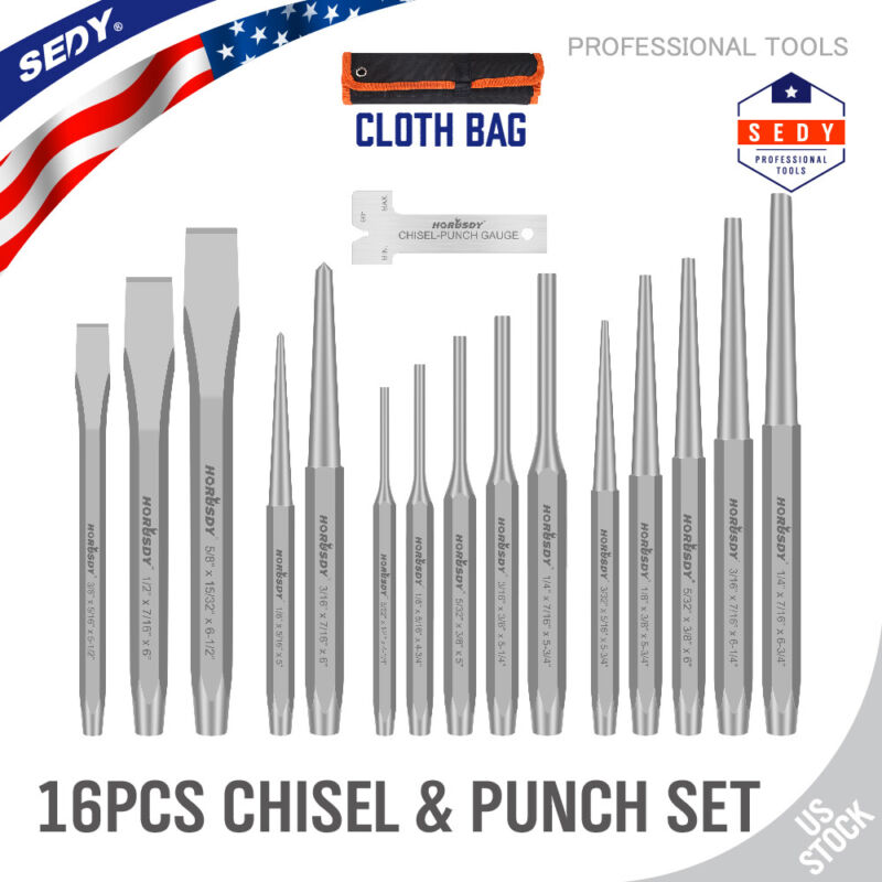 16pc Industrial Mechanics Punch & Chisel Set Pin Tapered Center Cold Roll Pouch