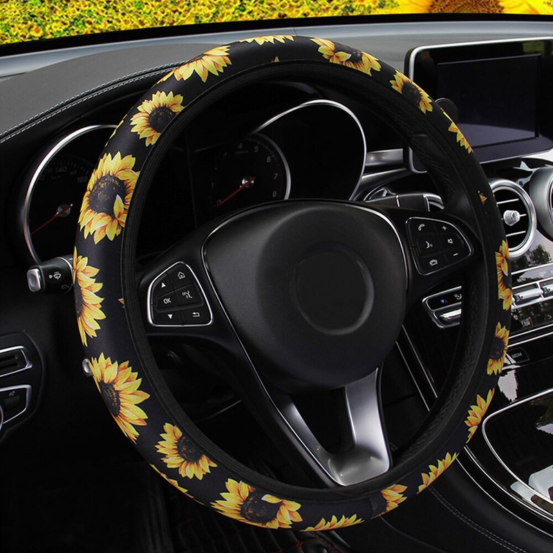 Universal 15 inch KAFEEK Elastic Sunflower Red Steering Wheel Cover,Cool in Summer