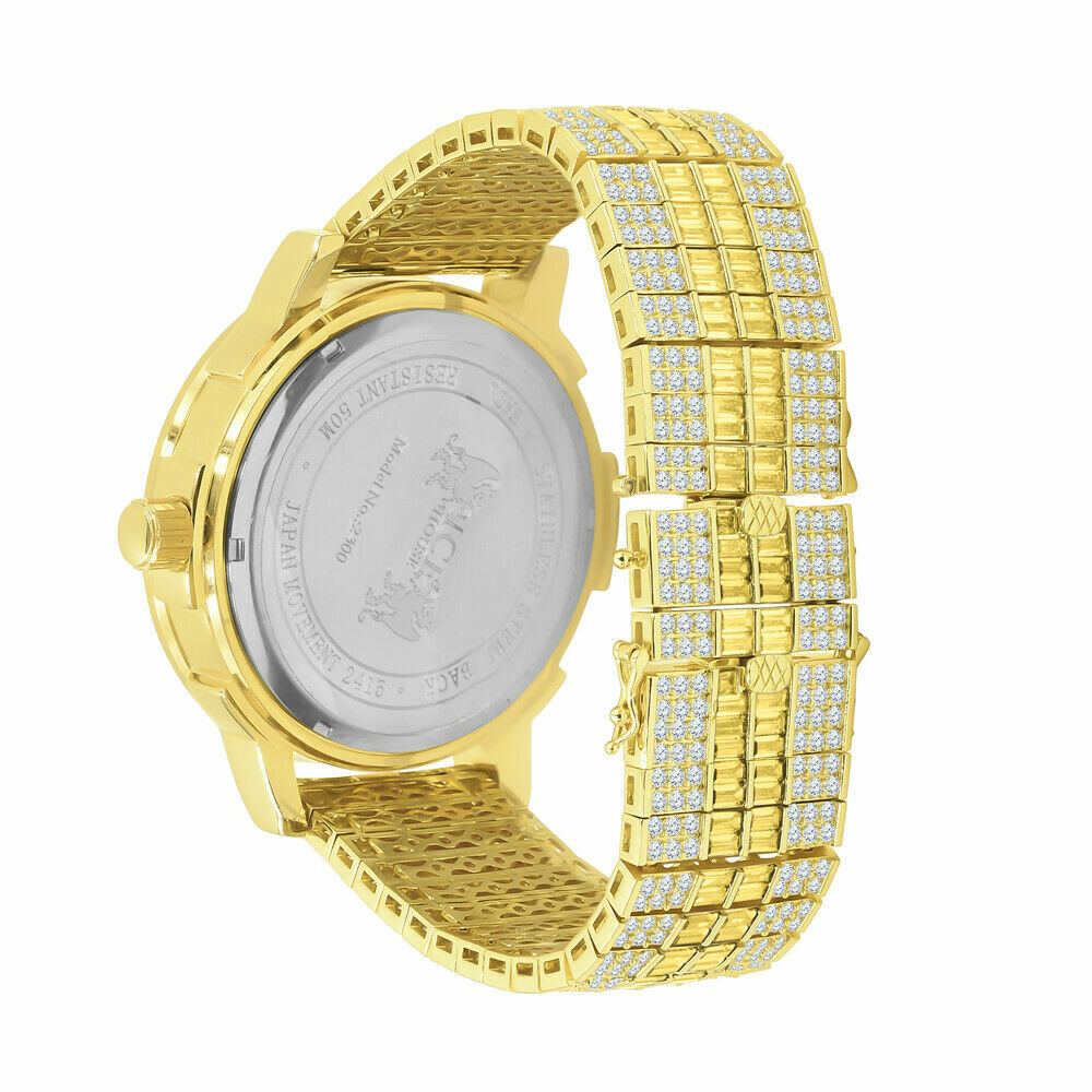 Pre-owned Ice House Real Diamond Dial Canary Gold Finish Custom Band Watch W/date Solid Steel Bezel