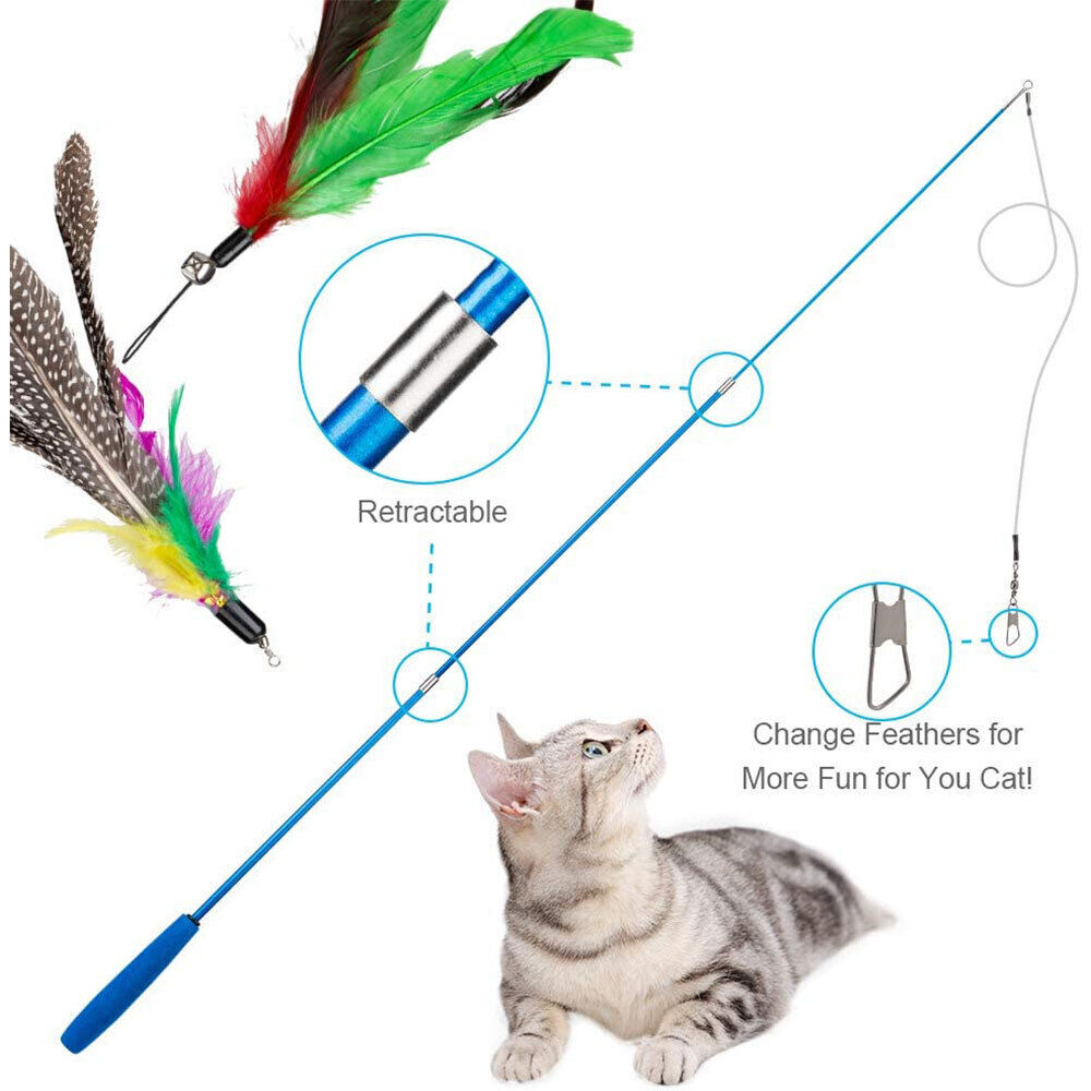 12Pcs Kitten Toy Cat Feather Bell Wand Teaser Rod Interactive Play Pet Toys Gift