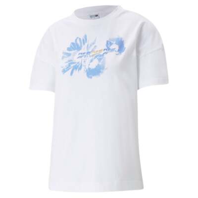

Puma Evide Graphic Crew Neck Футболка с коротким рукавом Женские белые повседневные топы 599747, Белый