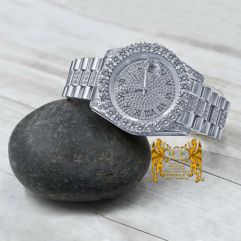 Pre-owned Bling Master 18k White Gold Solid Stainless Steel Simulated Diamonds Presidential Watch 41mm