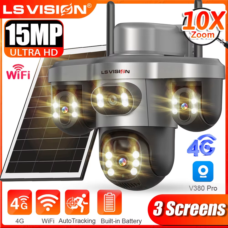 4G LTE Solar Camera Three Screens Outdoor WiFi Security CamerasThree Lens 10X Zo