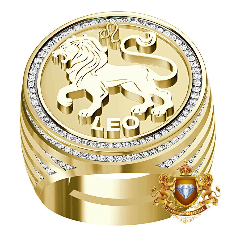 Pre-owned Us Diamond King Men's Real Genuine Diamond 1.00 Cwt. Zodiac Sign Leo Lion Lucky Ring Band 24mm In Yellow