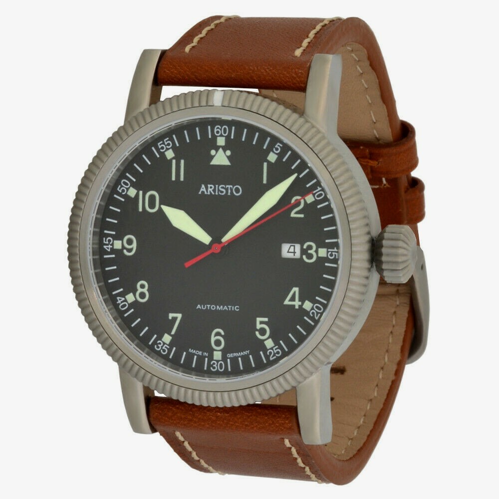 Pre-owned Aristo Automatic Men's Pilot Watch 3h83 Swiss Movement Brown Leather Strap 5atm
