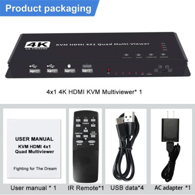 HDMI KVM Switch 4x1 Quad Multi Viewer 4 In 1 Out for 4 PC Share Mouse Keyboard