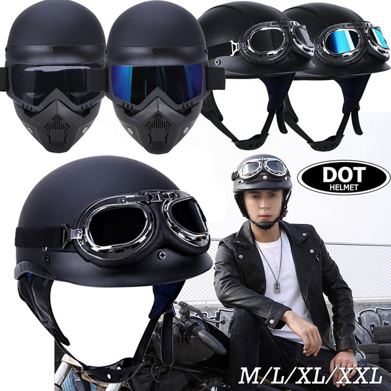 German Motorcycle Half Helmet w/ Pilot Goggles Scooter Chopper M/L/XL/XXL DOT